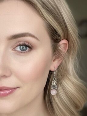 Handmade Silver Tone Pink Bead Butterfly Charm Drop Dangle Earrings